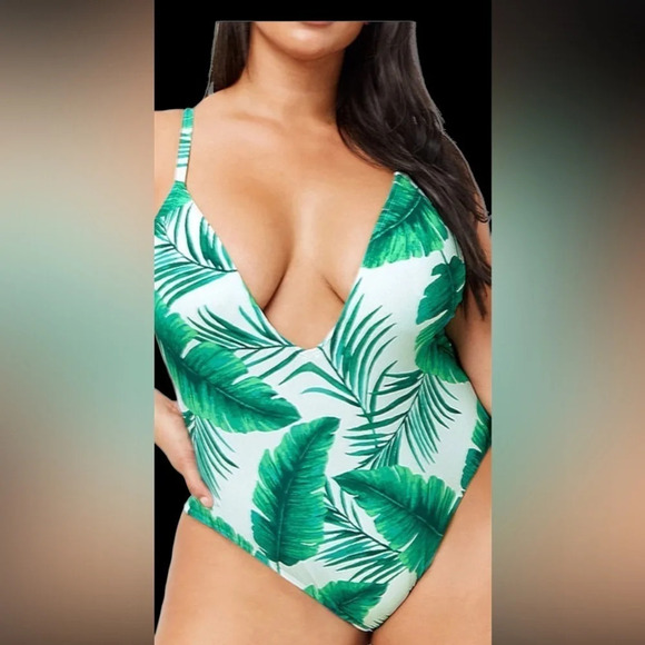 Forever 21 Floral Tropical  Vogue Green White one piece Swimsuit - Picture 13 of 13
